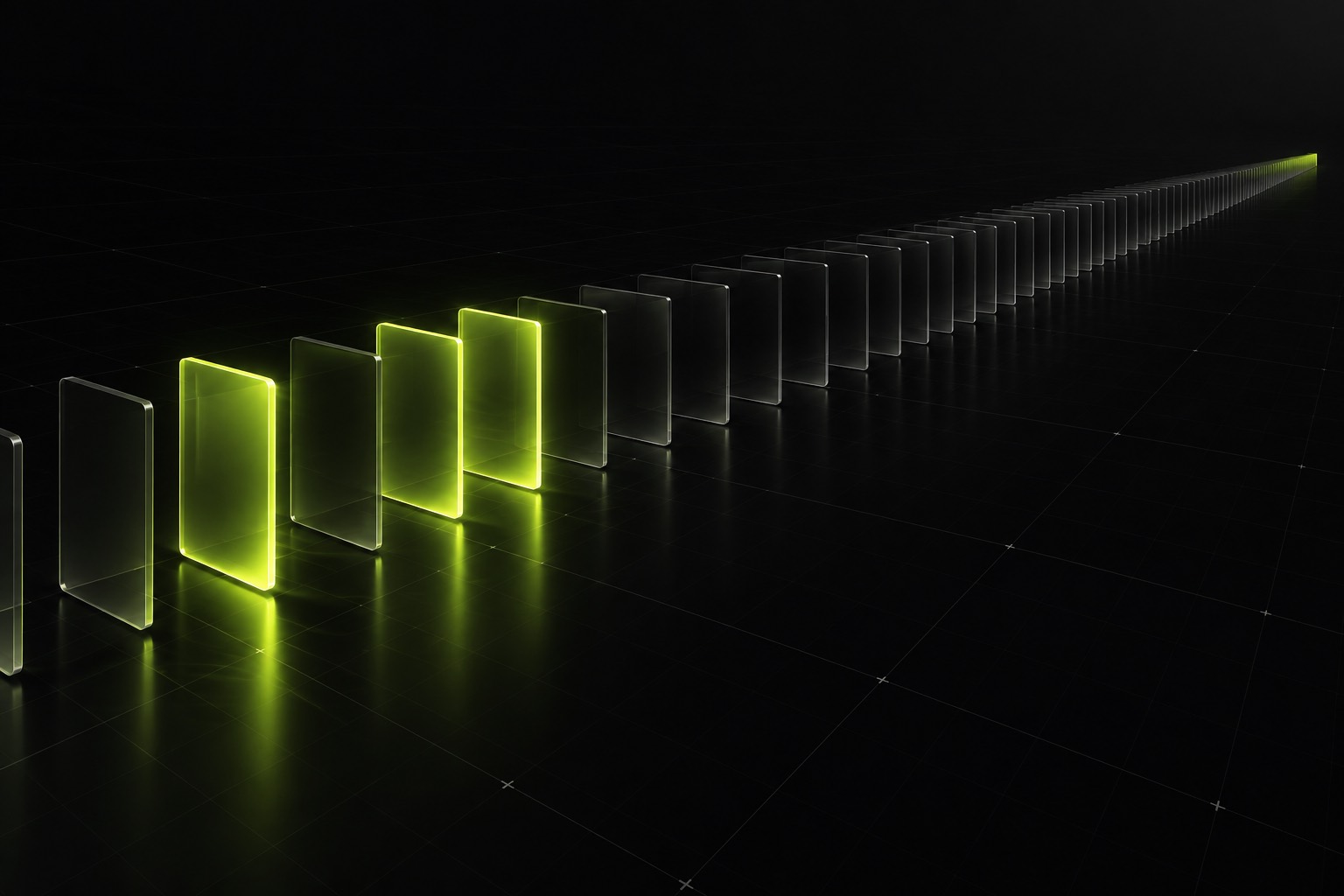 A long row of translucent cards fading into the dark; only the few at the front are lit